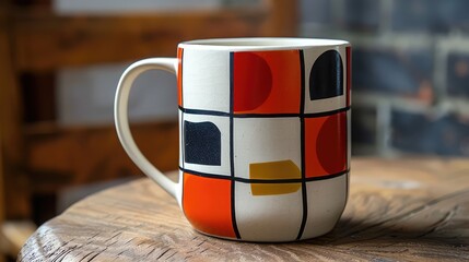 A mug with a bold, geometric pattern and a sturdy, ceramic construction