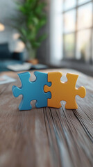 Two puzzle pieces connected together on a wooden table in the room
