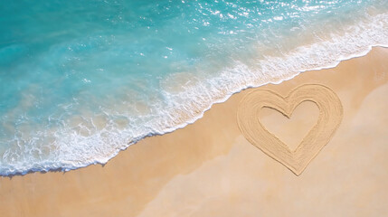 Fototapeta premium Valentine day love concept. heart shape drawn in sand on tropical beach with turquoise waves