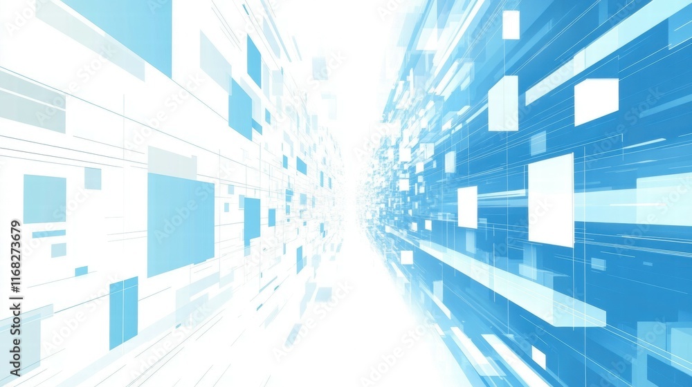Poster Abstract digital design with blue and white geometric shapes creating a sense of motion.