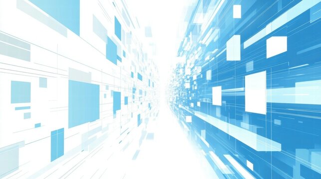 Abstract digital design with blue and white geometric shapes creating a sense of motion.