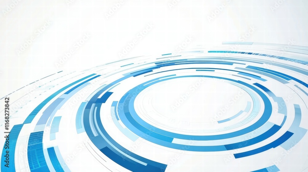 Poster Abstract blue circular design with lines and shapes, suitable for technology themes.