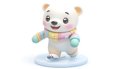 Adorable 3D Render of a Polar Bear Ice Skating in Winter Wearing a Colorful Scarf and Mittens