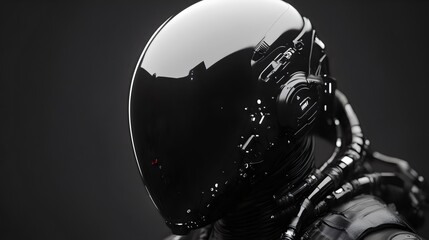 Fototapeta premium A futuristic figure with a sleek, glossy helmet and intricate tech details, suggesting advanced technology and sci-fi themes.
