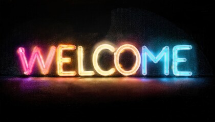 A vibrant "WELCOME" sign illuminated with colorful lights, set against a dark background, creating a warm and inviting atmosphere.