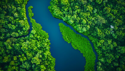 Sunset Glow Over a Meandering River Through Lush Forest