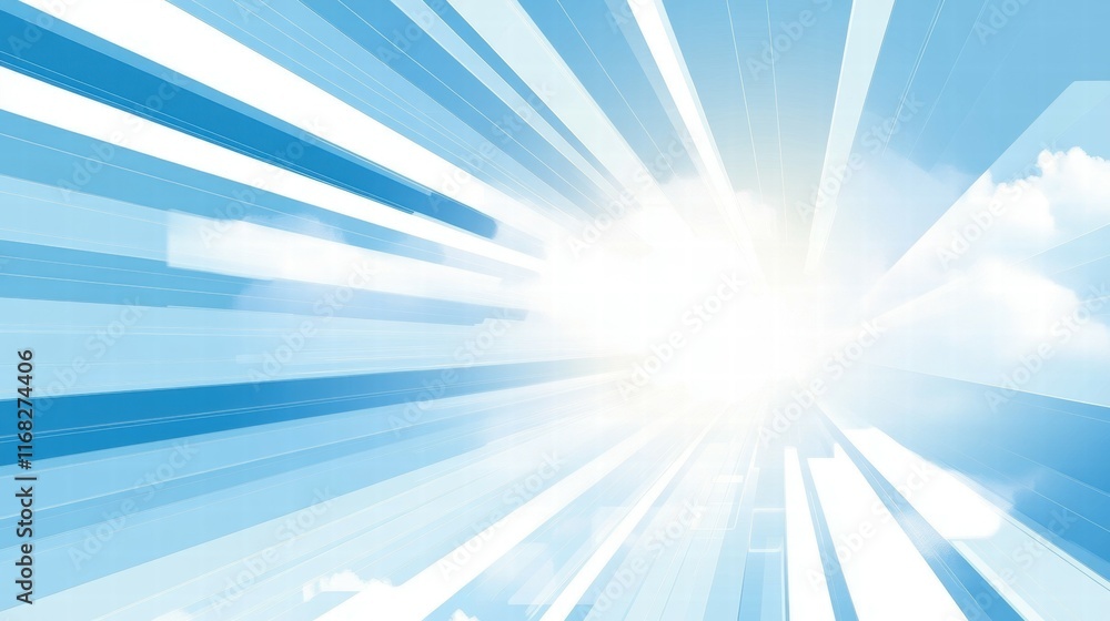 Poster a bright, abstract image depicting rays of light against a blue sky with clouds.