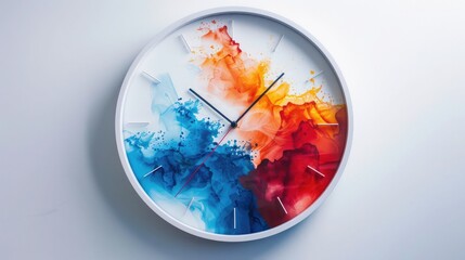 A modern wall clock with a simple, elegant design, accented by sporadic bursts of color that add a touch of sophistication