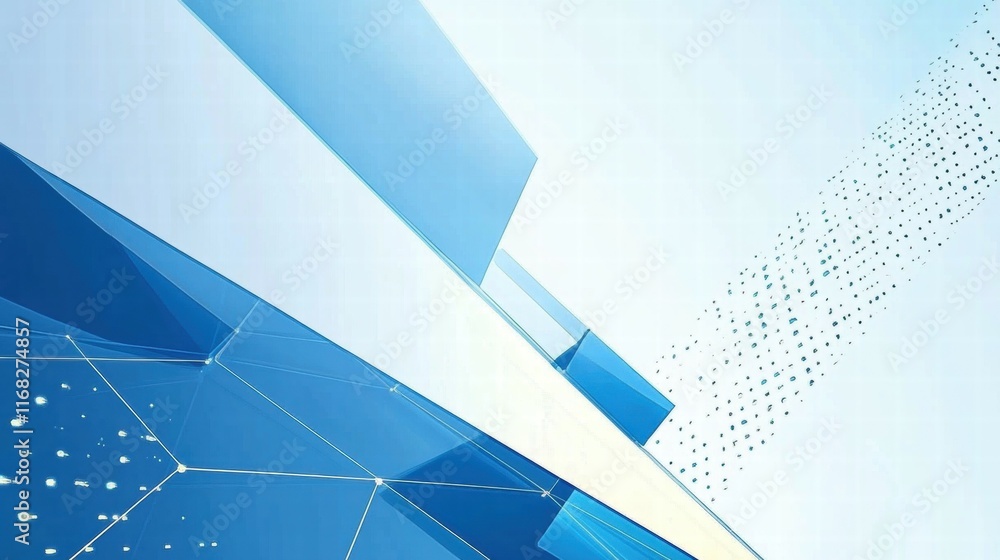 Poster abstract blue geometric design with digital elements, conveying a tech-focused theme.