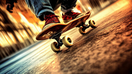 Skateboarder performs trick at sunset in urban setting. Generative AI