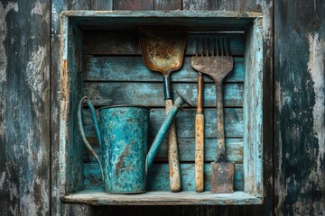 Rustic gardening tools and a weathered watering can rest in an old, teal-painted wooden crate.