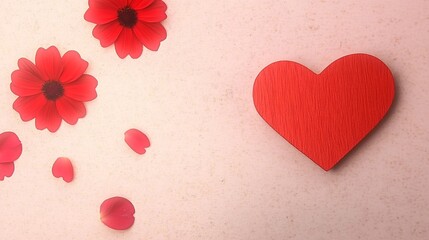 Fototapeta premium Wooden Heart with Red Flowers and Petals