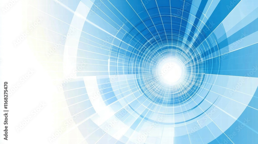 Poster abstract blue graphic design with radial lines converging towards a bright center.