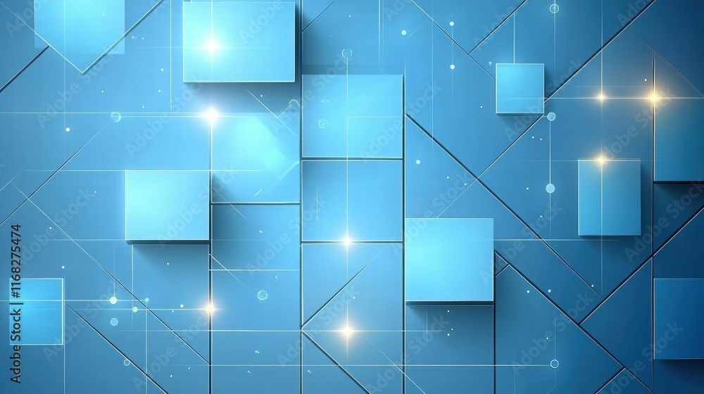 Poster abstract blue geometric design with shining elements and layered shapes.