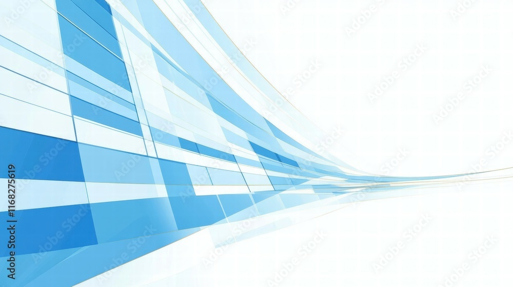 Poster Abstract blue wave design with layered shapes and a light background.