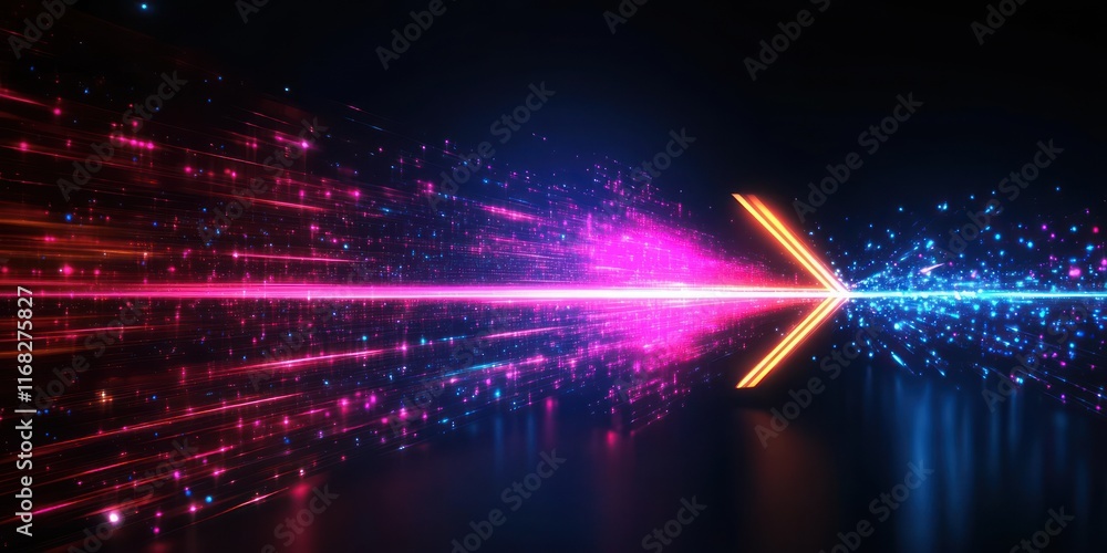 Poster futuristic neon arrow with light trails on dark background indicating motion and speed