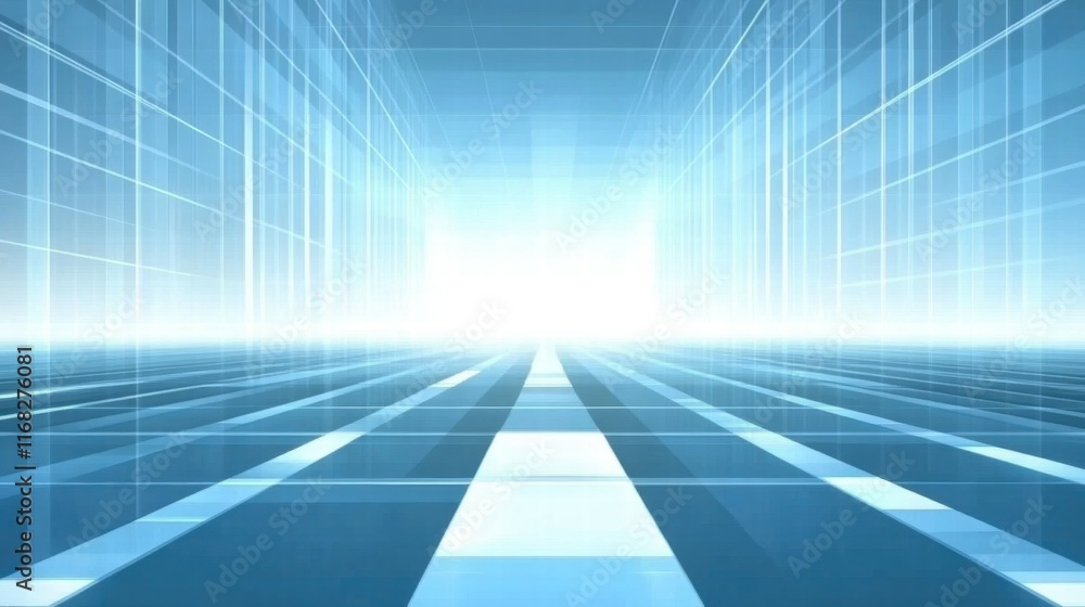 Poster abstract digital landscape with a bright focal point, suggesting depth and perspective.