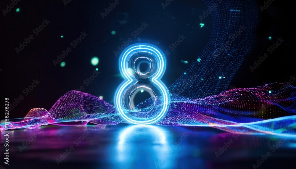 Poster a glowing, digital number 8 is displayed with vibrant, illuminated waves of color on a dark backgrou