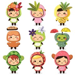 Obraz premium Cute cartoon characters with flower, bread, pineapple costumes in vector illustration set. High resolution close-up view of kawaii design on white background.