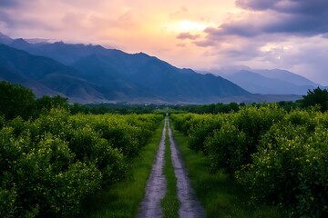 Drone view of an orchard with neatly aligned fruit trees 