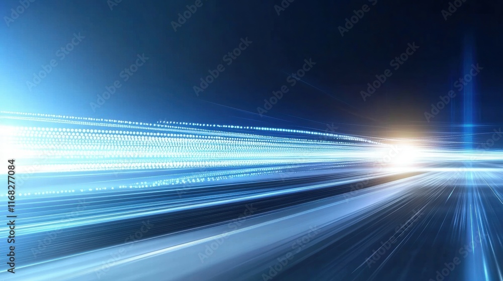 Poster abstract image depicting motion with blue light streaks and a bright focal point.