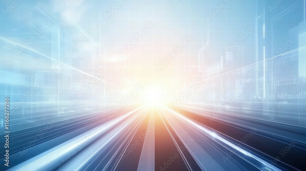 Poster a futuristic abstract image depicting light streaks and a bright focal point.