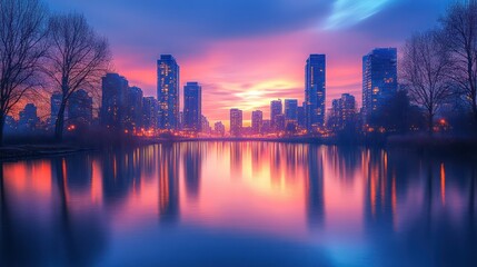 Urban Skyline at Sunrise: Serene Cityscape Reflection