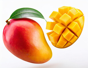 slice mango with leaf isolated on white background
