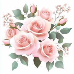 a bouquet of pink roses, floral arrangement, watercolor illustration, soft pastel hues, isolated on white background