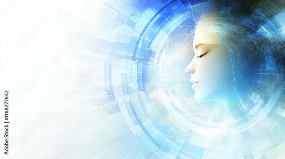 Aufkleber Abstract representation of a serene face surrounded by digital elements, symbolizing technology and mind.