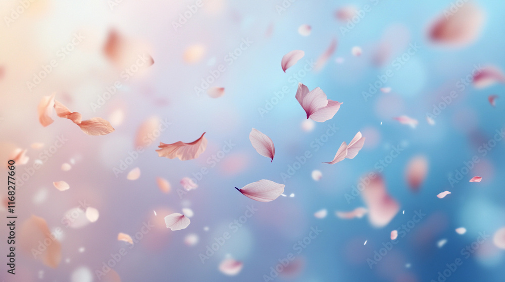 Poster delicate petals float gently through a tranquil atmosphere at dusk. generative ai
