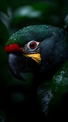 Obraz premium A vibrant parrot with striking colors and intense eyes nestled among dark green leaves, showcasing its detailed feather patterns and unique features.