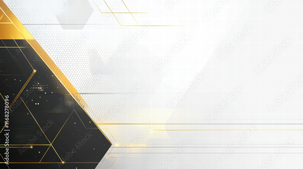Poster abstract geometric design with golden accents on a white background for digital use.