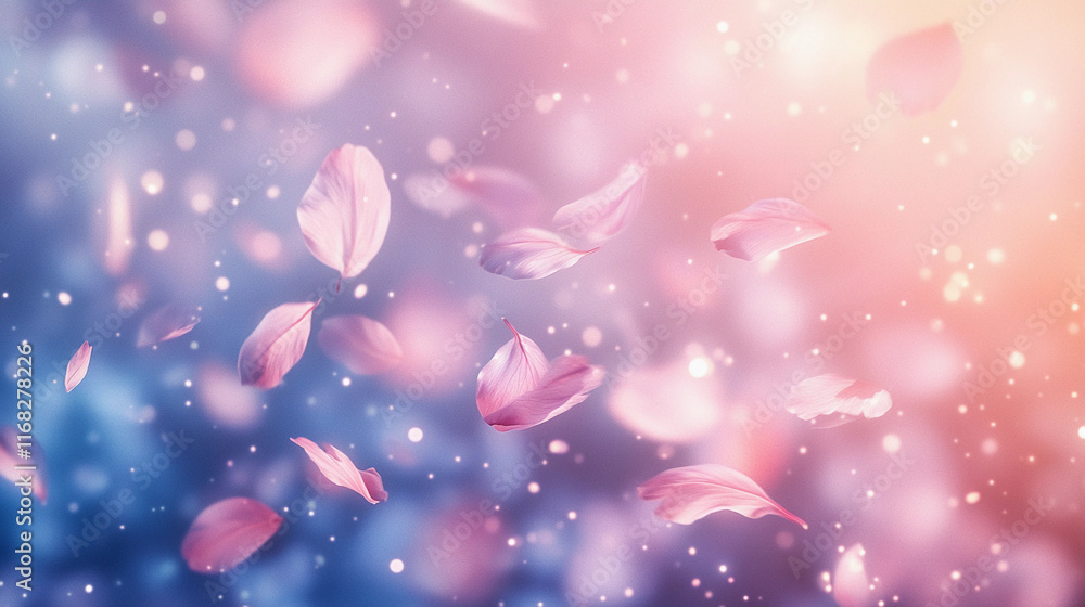 Poster delicate petals fall gently in a tranquil setting filled with soft colors. generative ai
