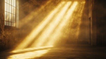 Golden glowing light rays shining through a dusty, foggy room creating an ethereal effect
