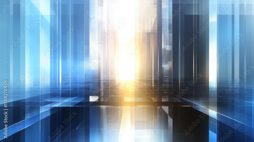 Aufkleber abstract digital landscape with light beams and geometric structures.