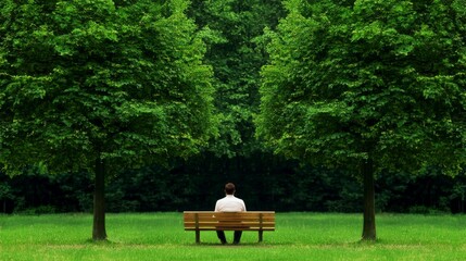 Naklejka premium Reflective moment individual on bench surrounded by lush green trees tranquil park serene environment contemplative view