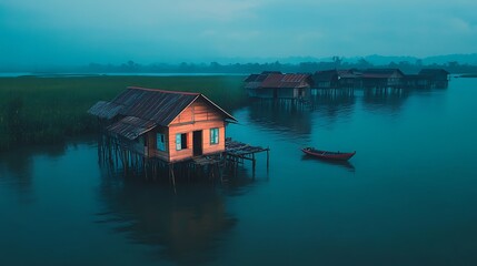Fototapeta premium Aerial perspective of a fishing village on stilts over shallow water 