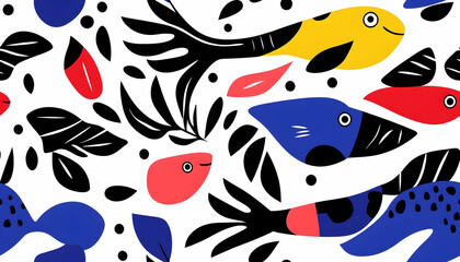 Naklejka premium Abstract Illustration Colorful Fish and Leaves Pattern