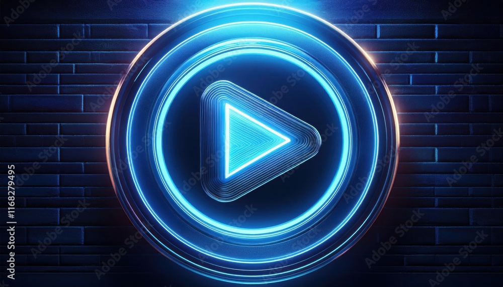 Poster a glowing blue play button surrounded by a circular neon design on a dark textured background.