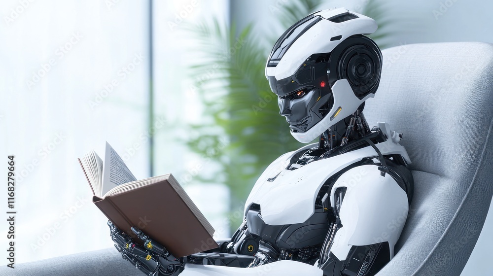 Poster a humanoid robot reading a book in a modern setting.