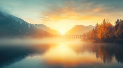 Fototapeta premium Hydroelectric dam generating clean energy at sunrise over serene lake nature landscape peaceful environment captivating viewpoint