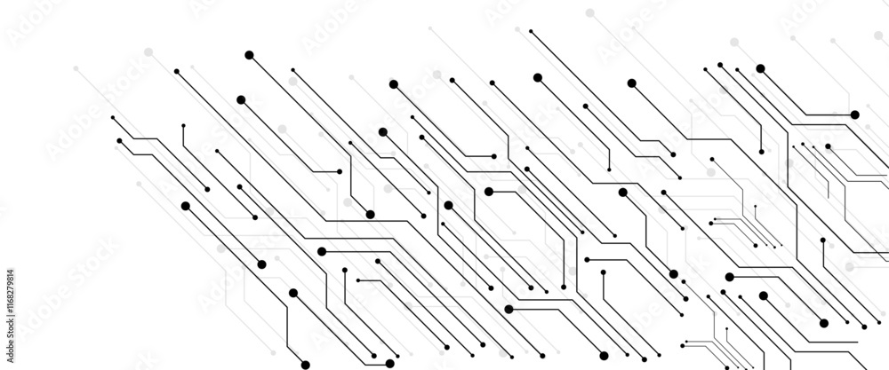 Leinwandbilder Vector Technology connected white lines and dots with electronics elements on tech bg. Digital technology futuristic internet network speed connection white background. 
