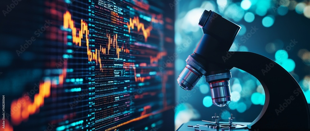 Poster microscope and stock market data screen.