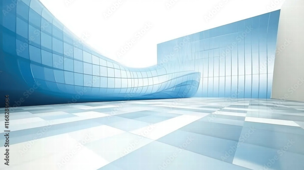 Poster a modern, abstract architectural space with smooth lines and a blue color palette.