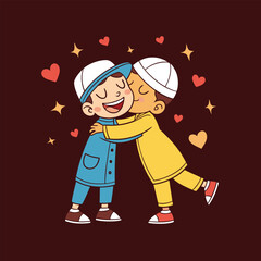 A cheerful cartoon illustration of two young boys hugging each other warmly
