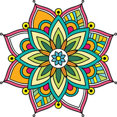 A vibrant, multicolored mandala featuring