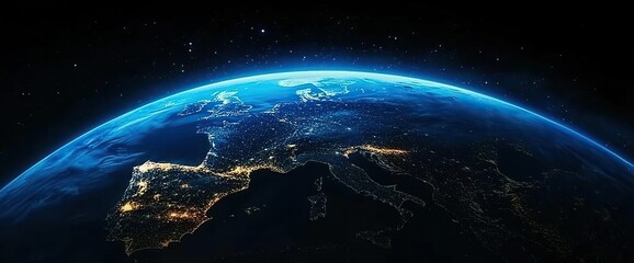 Space View of Earth with Glowing City and Town Lights in North and South America, Nighttime Urban Illumination, Global Perspective, Continental Landscapes, Astronomical Visualization
