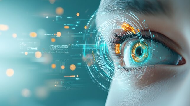 Futuristic ai-powered robotic eye glowing close-up high-tech laboratory digital art sci-fi environment intricate detail advanced technology concept