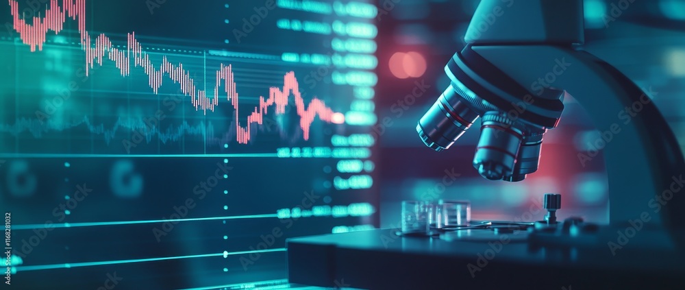Poster Microscope and stock market data graph on screen.